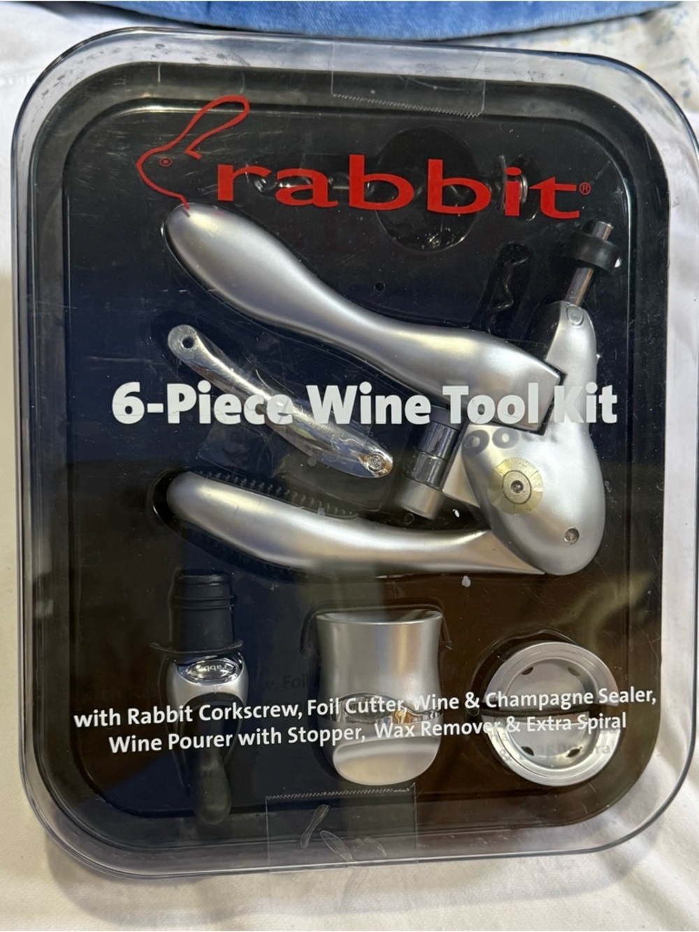 Rabbit Rabbit Rabbit 6-Piece Wine Tool Kit in Silver and Black with Red Logo
